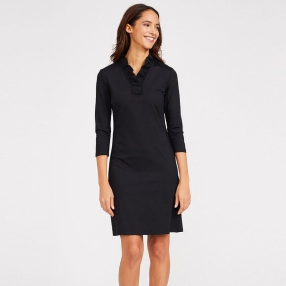 J McLaughlin Durham Dress Black Ruffle Neck Knee Length 3/4 Slv Women XL Classic - Picture 1 of 15